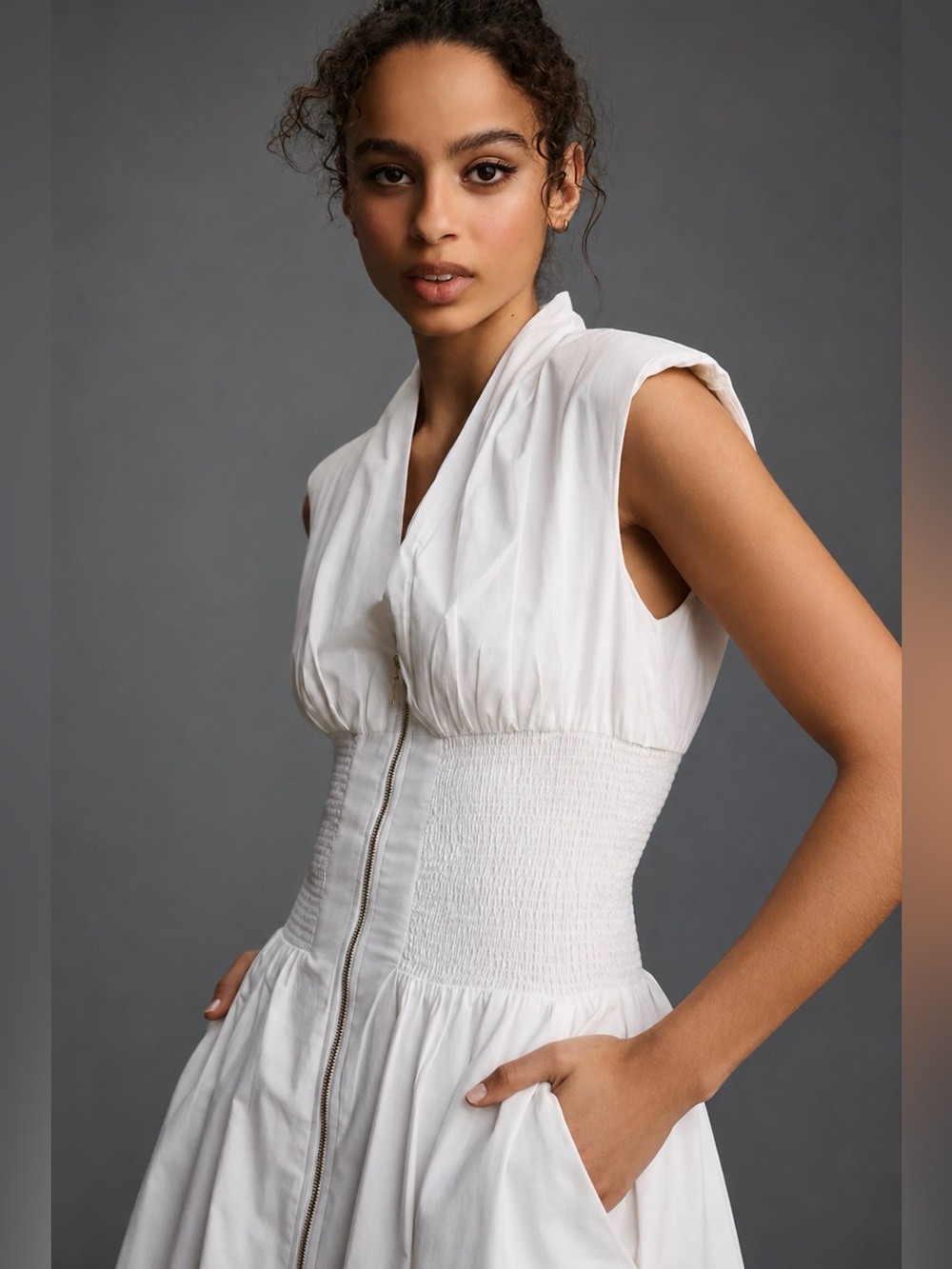 Anthropologie Tommie Cap Sleeve Smocked Zip Front Midi Shirt Dress White Size M - Picture 3 of 13